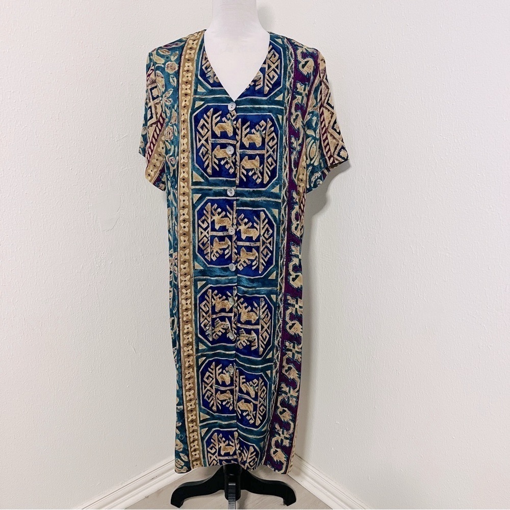 Vintage Melissa Rice & Company Large Turquoise and Purple Geometric Midi Dress